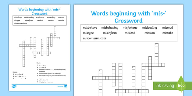 Words Beginning With mis Crossword (Teacher Made) Twinkl