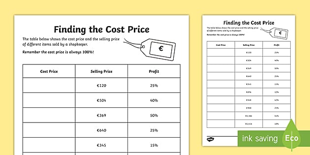 Finding the Cost Price Worksheet 2 (Hecho por educadores)