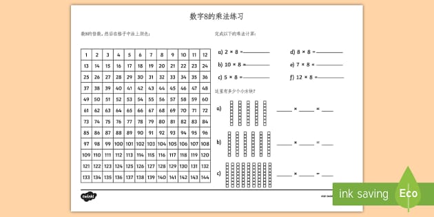 数字8的乘法练习 乘法口诀 数字8 乘法 数学