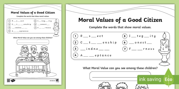 Moral Values of a Good Citizen Worksheet (teacher made)
