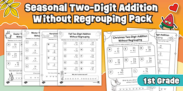 First Grade Seasonal Two-Digit Addition Without Regrouping Worksheet Pack