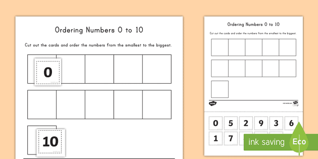 ordering numbers zero to ten cut and paste activity
