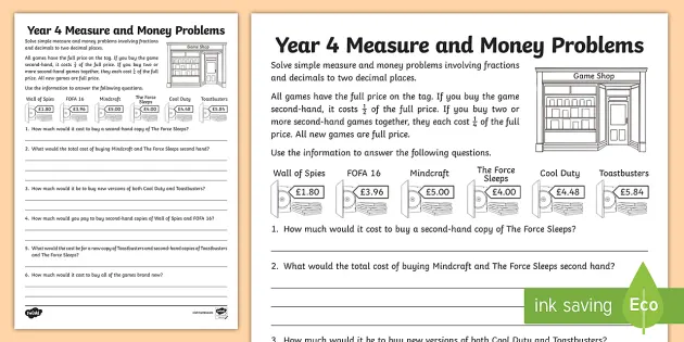 year 4 fractions of money problems worksheet teacher made