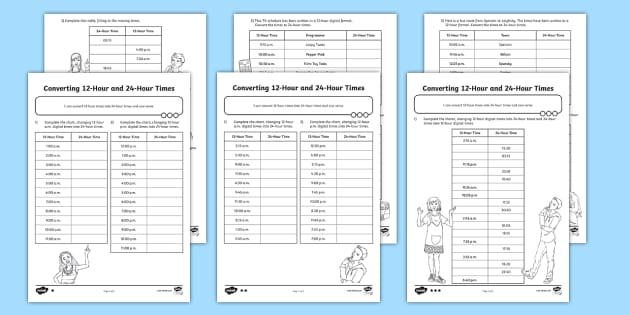 Converting 12-Hour and 24-Hour Clock Differentiated Worksheets