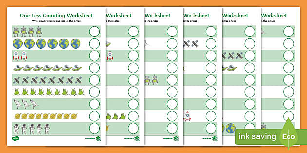 Space Themed One Less Counting Worksheet -maths, numeracy, KS1, key stage 1