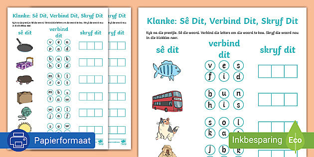 Klanke: Sê Dit, Verbind Dit, Skryf Dit Aktiwiteit - Twinkl