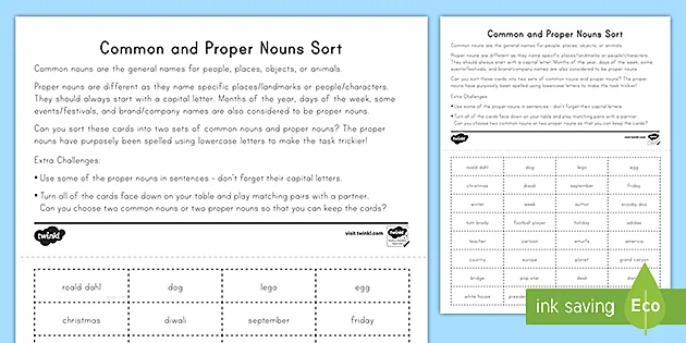 common and proper nouns sorting activity teacher made