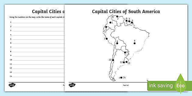 The Countries and Capital Cities of South America Labelling Worksheet