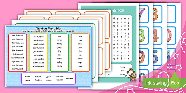 Write numbers & words to 20 Laminated Word Mat Maths Age 2-6 Education Vocab A4 