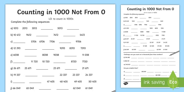 Counting in 1000 Not From 0 Worksheet - counting, 1000, worksheet