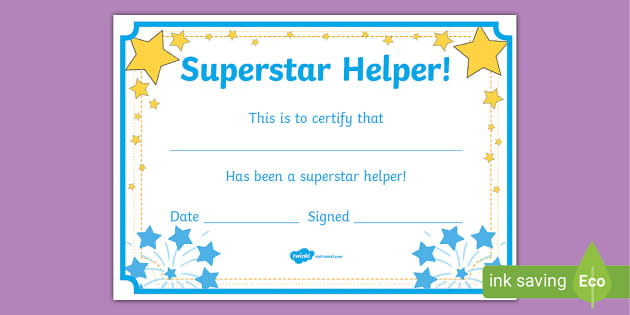 Superstar Helpers Certificates - Twinkl