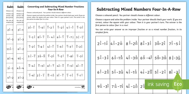 subtracting mixed numbers 4 in a row game maths resources