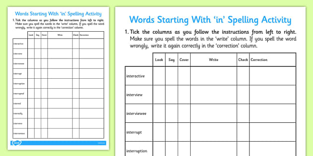 Look, Say, Cover, Write, Check Worksheet for Words Beginning With 'inter'