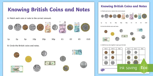 knowing british coins and notes worksheet worksheet