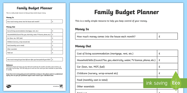 Practical Sheets for Family Organization Budget Planner Household