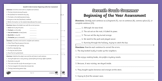 Seventh Grade Beginning of the Year ELA Grammar Assessment
