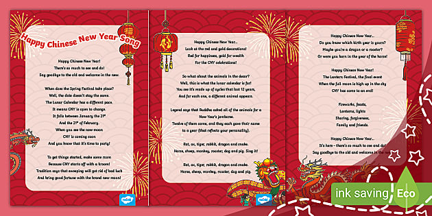 Chinese New Year Song For Kids Lyrics (Teacher Made)