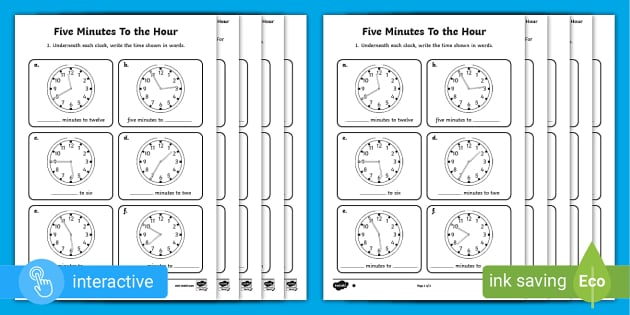 Telling Time to 5 minutes Worksheets