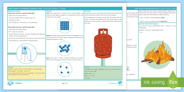 Aqa Physics Combined Unit 3 Particle Model Of Matter Knowledge Organizer 6139