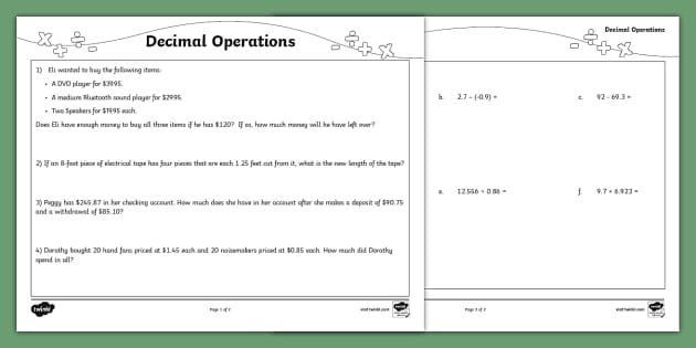 Seventh Grade Decimal Operations Activity Sheet - Twinkl