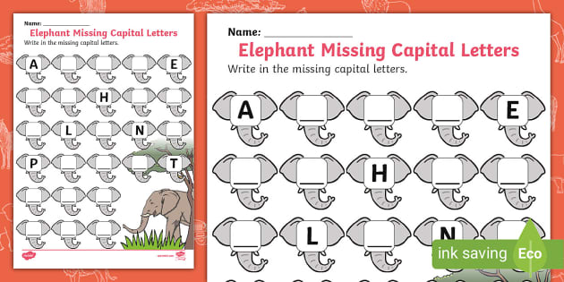Elephant Missing Capital Letters Worksheet (Teacher Made)