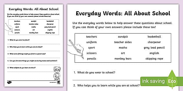 Everyday School Words Activity Comprehension Worksheet