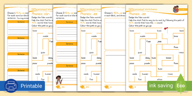 Grade 2 Phonics: zz Differentiated Worksheets - Twinkl