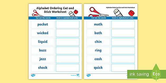 Alphabet Ordering Cut and Stick Worksheet (Teacher-Made)