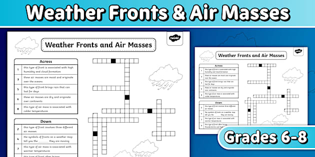 Weather Fronts and Air Masses Crossword for 6th 8th Grade