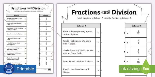 Fractions And Division: Match The Columns Activity Sheet