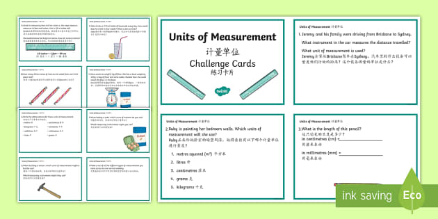 Units of Measurement Challenge Cards English/Mandarin Chinese