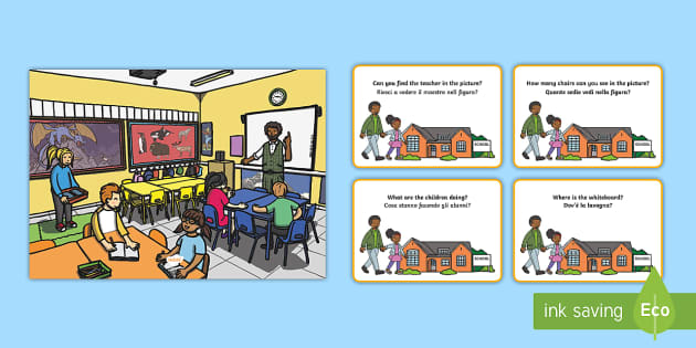 School Scene and Question Cards Italian Translation - School Scene and