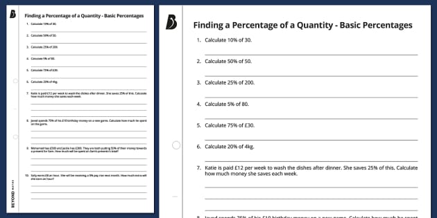 👉 Finding a Percentage of a Quantity Worksheet - Basic Percentages