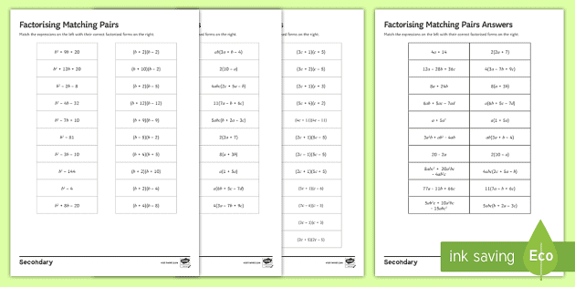 factorising matching pairs differentiated worksheet worksheets