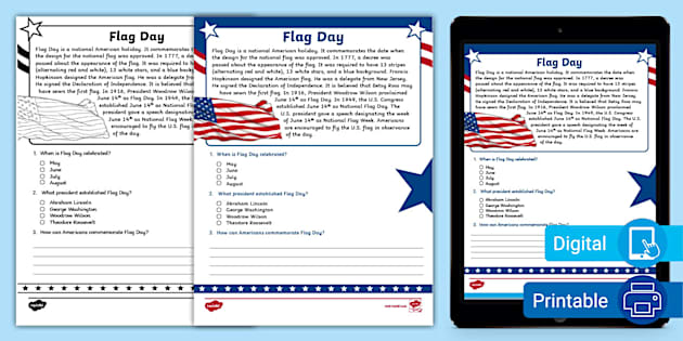 Fourth Grade Flag Day Reading Passage Comprehension Activity