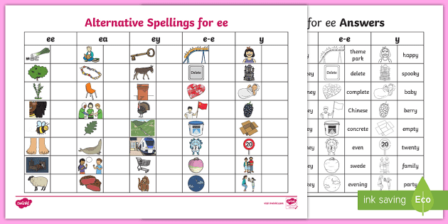 alternative spellings ee ea ey e e and y table worksheet