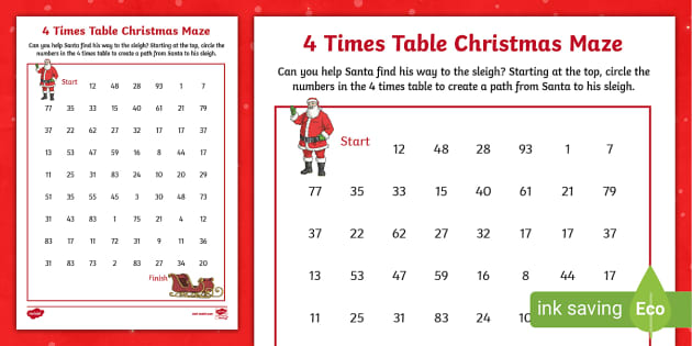 👉 4 Times Table Christmas Maze (teacher made) - Twinkl