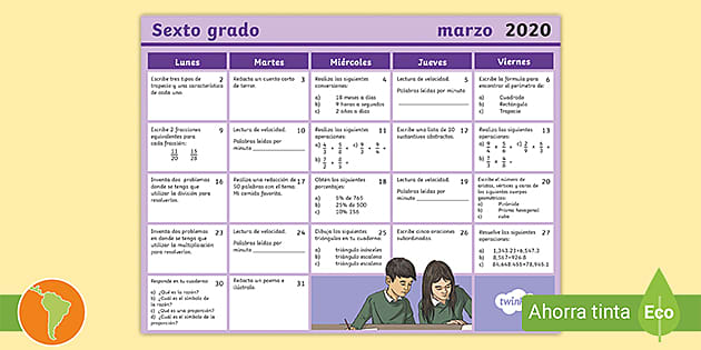 Calendario de tareas: Sexto Grado- Guía de trabajo - Twinkl