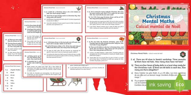 Christmas Mental Maths Challenge Cards English/French