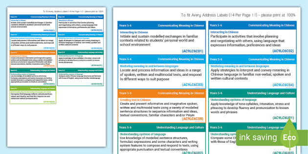 Australian Curriculum Chinese 5-6 Learning Outcomes Stickers