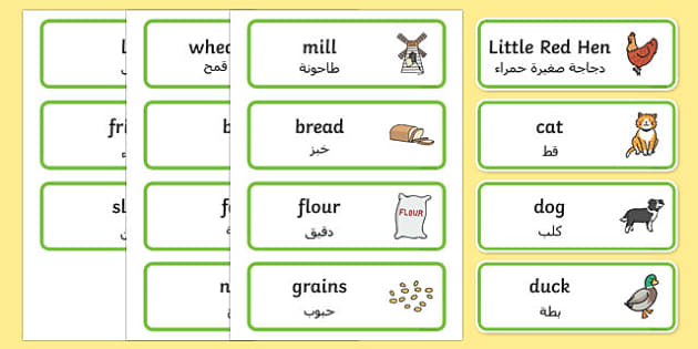 Little Red Hen Word Cards Arabic Translation (teacher made)