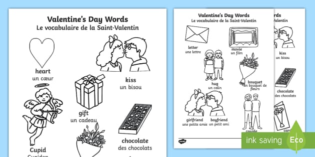 valentine's day words colouring pages english/french