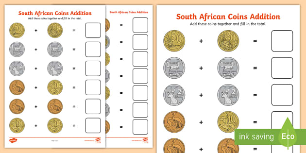 south african coins addition worksheet teacher made