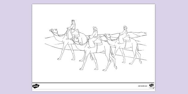 Wise Men 3 Kings Riding Camels in Desert Colouring Sheet