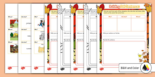 First Grade Building Fall Sentences Worksheet - Twinkl
