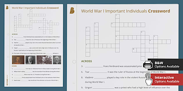 World War I Important Individuals: Crossword (teacher made)