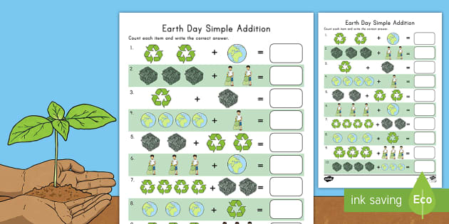 Earth Day Simple Addition Worksheet / Activity Sheet - Earth