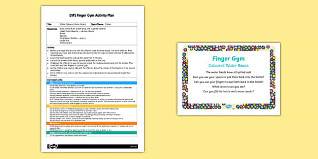 Eyfs Coloured Water Beads Finger Gym Plan And Prompt Card Pack