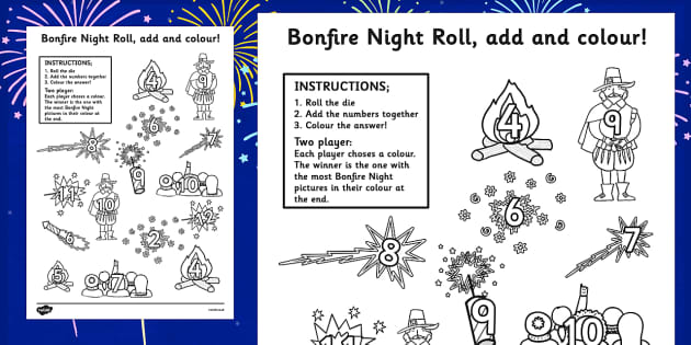 Bonfire Night Colour and Roll Worksheet - fireworks, games, dice