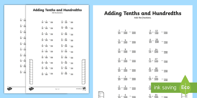 Fractions and Decimals Work Mats with Tenths and Hundredths - 4th Grade Math